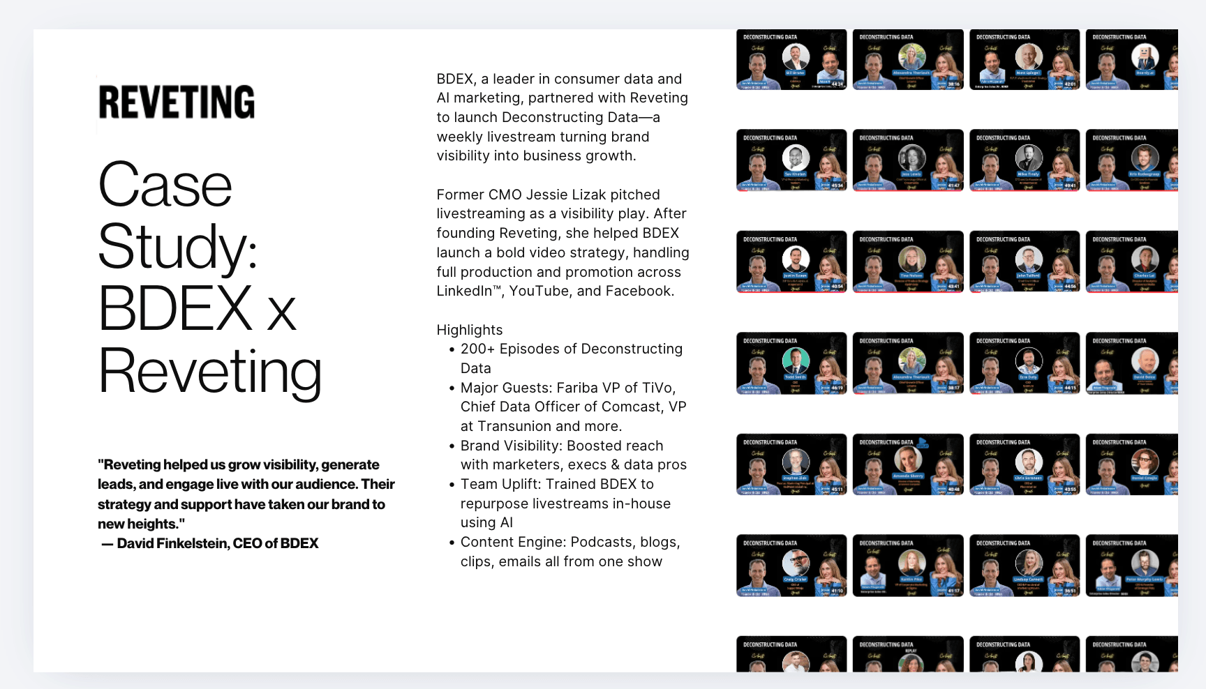 Original BDEX and Reveting case-study one-pager showing Deconstructing Data episode artwork and documented highlights.