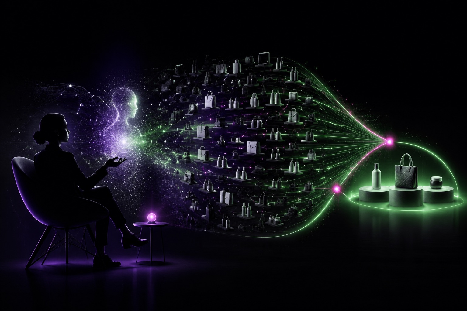 Editorial illustration of a buyer using an AI guide to narrow many product choices into a focused shortlist