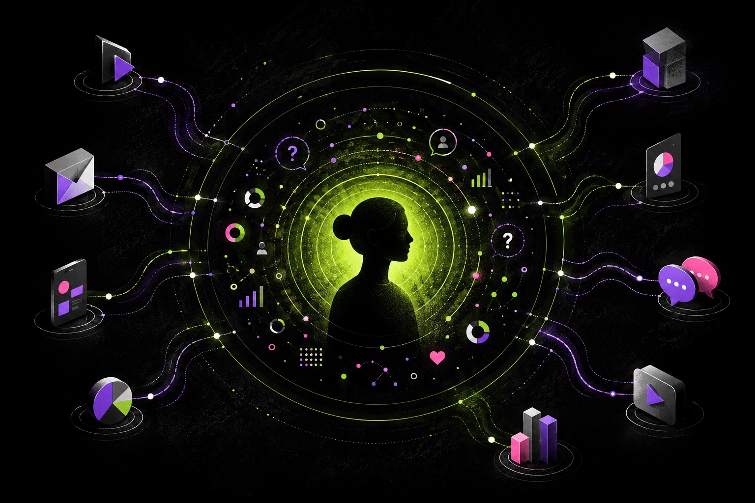 Editorial illustration of a customer at the center of connected marketing signals and channel pathways