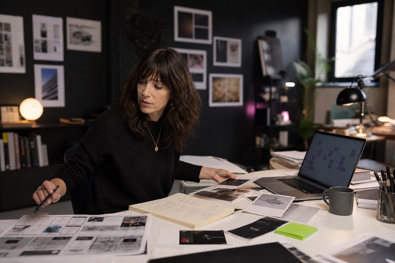 Editorial photograph of a marketing strategist reviewing campaign materials and an automated workflow