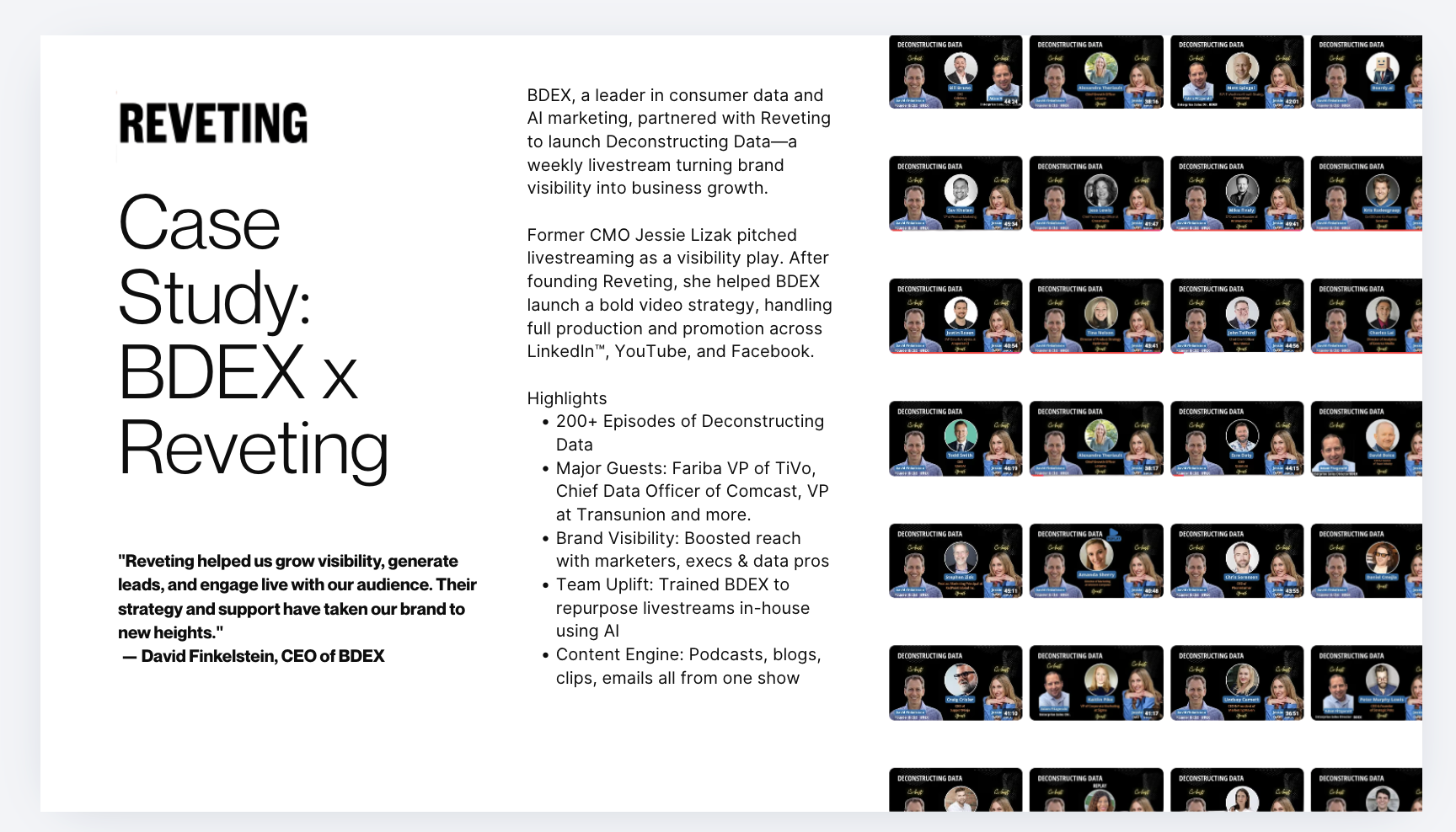 Original BDEX and Reveting case-study one-pager showing Deconstructing Data episode artwork and documented highlights.