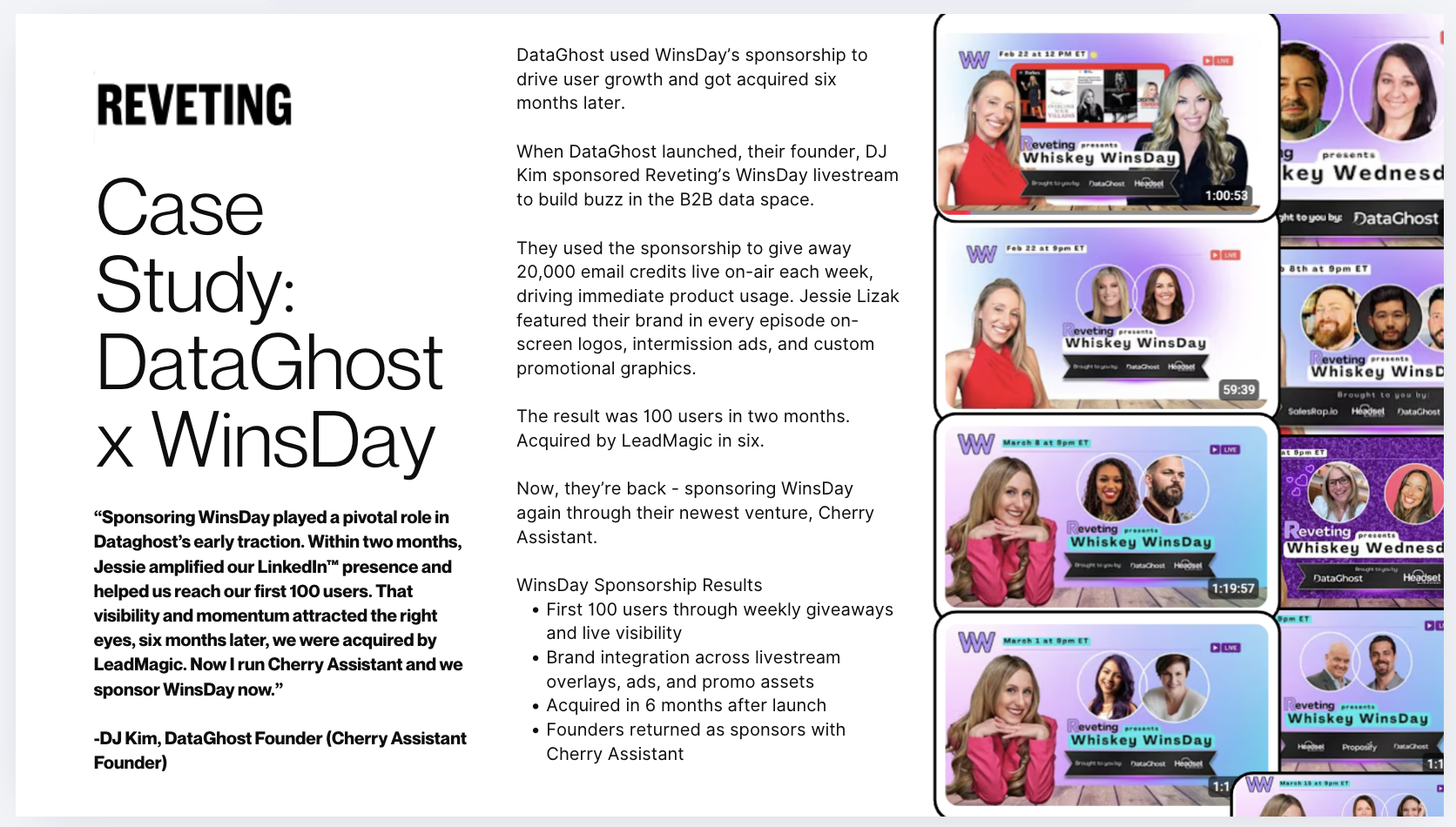 Original DataGhost and WinsDay case-study one-pager showing sponsored livestream artwork and documented results.